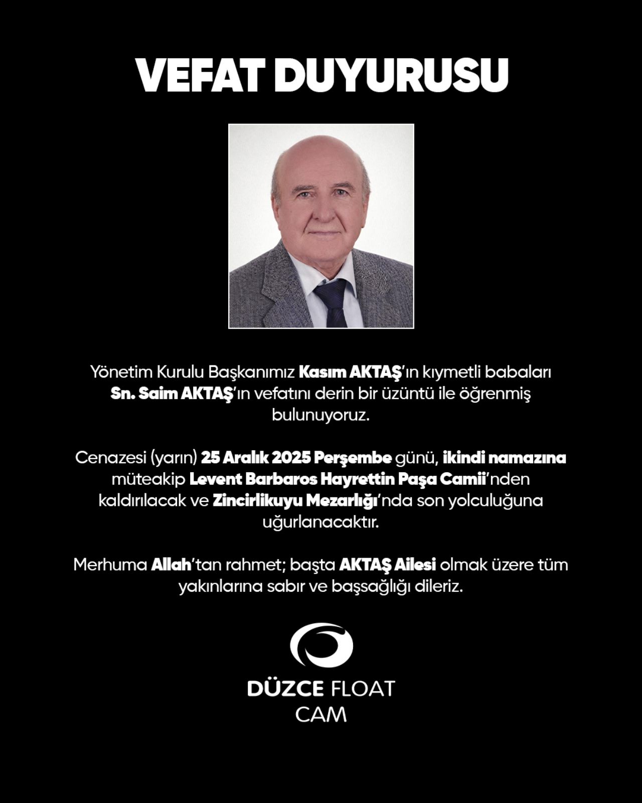 Condolence Announcement from Düzce Float Cam